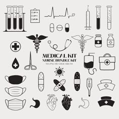 medical icons and symbols are shown in this black and white image, with the words medical kit on it