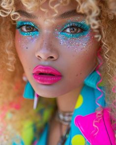 Glitter Fantasy Makeup, Rave Glitter Makeup, Fantasy Makeup Ideas Creative, Candyland Makeup, Rave Photoshoot, Carnival Makeup Ideas, Spongebob Makeup, Superhero Makeup, Speech Outline