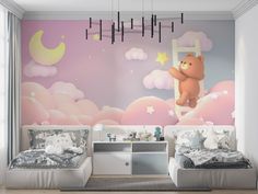 two children's beds with teddy bears on them in front of a wall mural