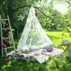 a bed in the grass with a white net on it and some stuffed animals next to it