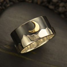 Sterling Silver Ring - Oxidized Mountain Ring with Bronze Moon - Poppies Beads n' More Moon Over Mountains, Silver Mountain Ring, Mixed Metal Ring, Silver Mountain, Mountain Ring, Mixed Metal Rings, Gold Topaz, Wide Band Ring, Antique Diamond Rings