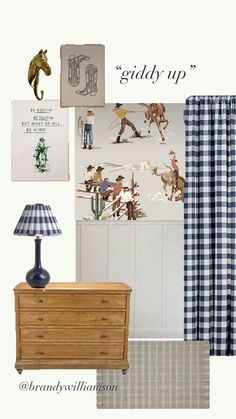 a room with blue and white checkered curtains, a lamp, and pictures on the wall