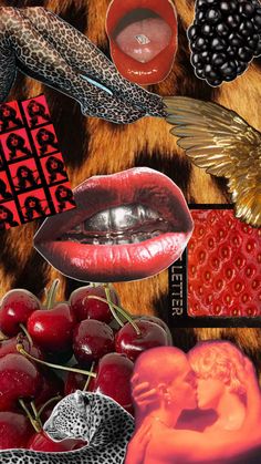 a collage of various images including cherries, lipstick, and an animal print