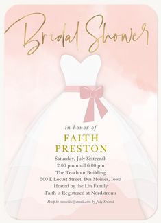 a pink and gold bridal shower card with a white dress on the front,