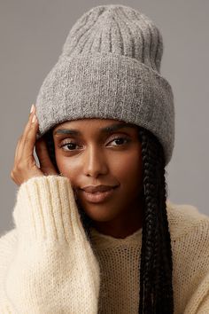 35% acrylic, 31% recycled polyester, 31% polyamide, 3% elastane Machine wash Imported | Street Style Beanie by Anthropologie in Grey, Women's, Polyester/Acrylic/Polyamide Fitted Soft Knit Beanie For Fall, Fitted Soft Knit Hat For Fall, Fitted Soft Knit Fall Hat, Fitted Wool Beanie For Fall, Fitted Soft Knit Beanie, Fall Ribbed Beanie, Beanie Photoshoot, Grey Street Style, Grey Street