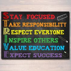 a chalkboard with the words stay focused, take responsibility, respect everyone inspire others value education expect success