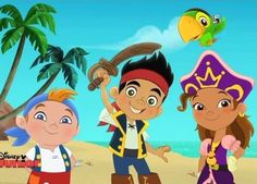 three children in pirate costumes standing on the beach with palm trees and seagulls