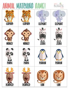 an animal matching game with different types of animals and their names in each one's face