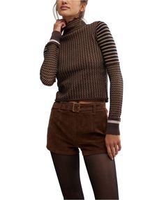 Model wearing a patterned turtleneck and brown suede shorts with tights. High Turtleneck, Womens Knitwear, Maternity Sleepwear, Cuffed Top, Cuff Detail, Jacquard Pattern, Cozy Sweater, Turtle Neck Top, Stay Cozy