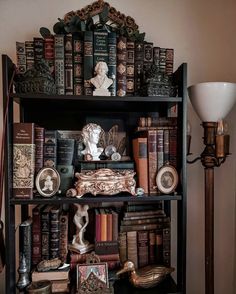 a book shelf filled with lots of books next to a lamp and wall mounted busturine