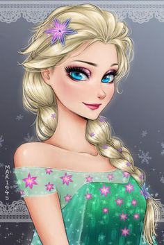 a drawing of a frozen princess with blue eyes and blonde hair, wearing a green dress