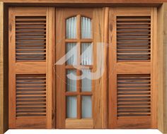 the front door is made out of wood and has shutters on each side with glass panels