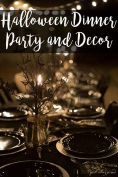 halloween dinner party and decor with text overlay