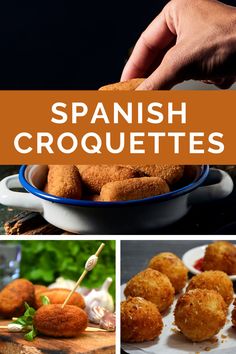 some food that is on a plate and in the middle with words above it reading spanish croquettes