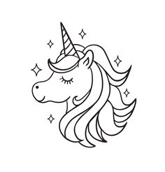 a black and white drawing of a unicorn's head