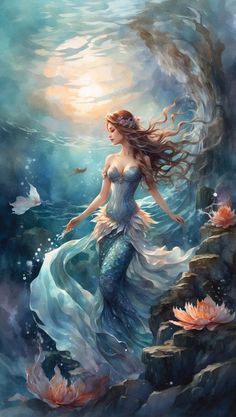 a painting of a mermaid with long hair standing on rocks in the ocean, surrounded by water