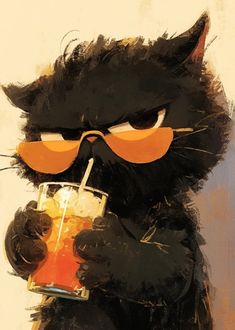 a black cat with glasses and an orange nose drinking from a tall glass in front of him