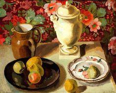 a painting of some fruit on a table next to a vase with flowers in the background