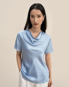 Achieve elegance with ease! Each fold of the cowl neck t-shirt emphasizes the luminousness and shine of the silk charmeuse, this top looks great paired with shorts or wide-leg pants for a casual look, or skirts for a more feminine and graceful outfit. Silk Pajamas Women, Silk Tee, Camisole Set, Striped Midi Skirt, Cowl Neck Top, Couture Tops, Silk Charmeuse, Tees For Women, Knitwear Tops