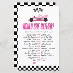 a pink race car themed baby shower is featured on the front of this black and white checkered card