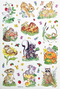 an image of various animals and flowers on a white background with black border around the edges