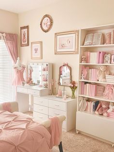 a bedroom decorated in pink and white with teddy bears on the dressers, bookshelves, and bedding