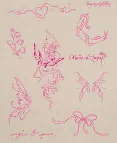 some pink ink drawings on white paper with hearts and flowers in the middle one has an angel