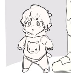 a drawing of a little boy with a cat on his shirt next to a leg