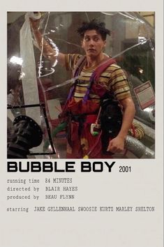 an advertisement for bubble boy, featuring a man holding a large object in his hand