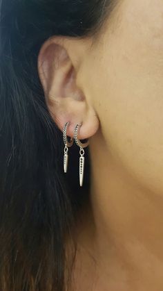 "♦ Beautiful dainty spike earrings made of STERLING SILVER 925. The earrings are studded with black zircons and the spikes come in various sizes. The first 0.59\" (2 cm) and the second 0.38\"( 1 cm). In this order, you receive one pair of earrings (one earring follows the other earring). SIZE Length drop earring no 1: 0.78\" (2cm) Length drop earring no 2: 0.59\"(1.5cm) Width&high hoops: 0.59\" (1.5cm) YOU CAN SEE A NECKLACE SET IN THIS LINK: https://etsy.me/30wUcCa ♦ This piece of jewelry i Multi Chain Bracelet, Spike Hoop Earrings, Tiny Hoop Earrings, Spike Earrings, Seashell Necklace, Loop Earrings, Bohemian Necklace, Shell Necklaces, Earrings Dangle