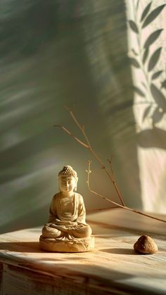 a small buddha statue sitting on top of a wooden table next to a tree branch