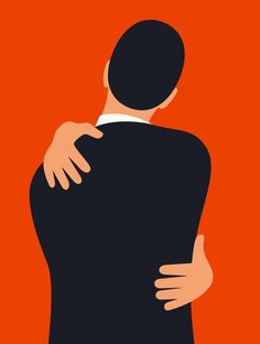 two people hugging each other in front of an orange background