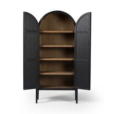 an open bookcase with two doors and shelves on the front, one door opened to reveal