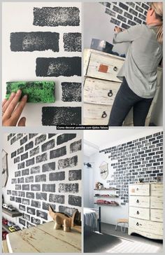 the process of painting a brick wall with black and white paint