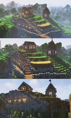 three different views of the same house in minecraft