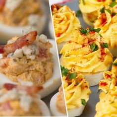 several different types of deviled eggs with bacon and cheese on them are shown in this collage