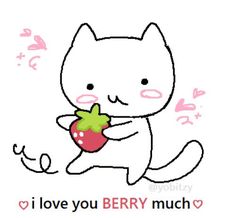 a drawing of a cat holding an apple in it's paws with the words i love you berry much