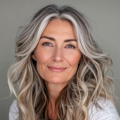 Blonde Hair When Going Grey, Highlights Brown Hair Grey, Ash Blonde Highlights For Greying Hair, Gray Blend Blonde, Blonde Highlights On Graying Hair, Grey Hair With Balayage, Blended White Hair, Blond And Gray Hair, Gray Hair With White Highlights