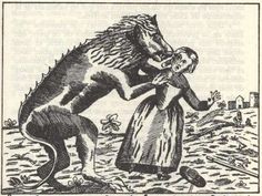 an old drawing of a woman holding the head of a large animal in front of her