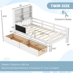 twin size bed with storage drawers and pull out shelf for the bottom bunk, shown in white