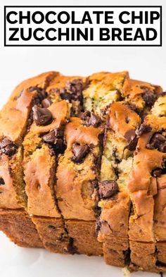 chocolate chip zucchini bread on a white plate with text overlay that reads, chocolate chip zucchini bread