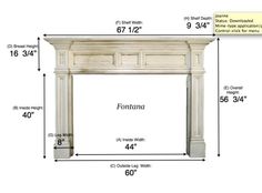 the fireplace surround is shown with measurements for each piece of furniture in front of it