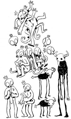 a black and white drawing of people sitting in front of a tree with faces drawn on it