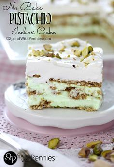 no bake pistachio jalapeno cake with white frosting on a plate