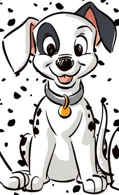 a drawing of a dog with spots on it's face and collar, sitting in front of a white background