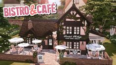 an animated image of a restaurant with tables and umbrellas in front of the sign bistro & cafe