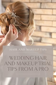 a woman with her hair in a bun and the words wedding hair and makeup tips from a pro