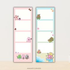 two pink and blue bookmarks with cartoon animals on them