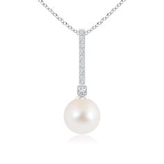 A graceful peg-set Freshwater cultured pearl hangs from a shimmering silver loop. The beauty of this solitaire pearl necklace is enhanced by a gorgeous pavé-set solitaire diamond nestled between the pearl and the diamond studded loop. Pearl And Diamond Necklace, Diamond Pendants, Solitaire Setting, Solitaire Diamond, The Pearl, Pearl Pendant, Diamond Solitaire, Diamond Studs, Fresh Water