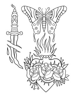 an image of a tattoo design with flowers and butterflies on the head, in black and white